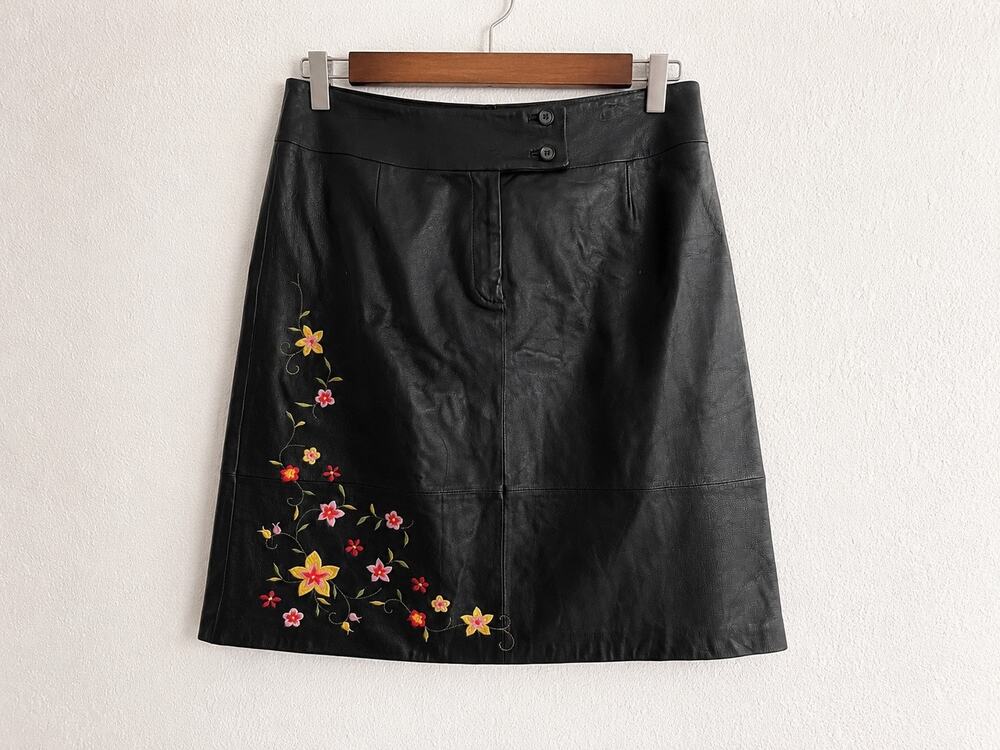 Vintage Alfani Leather Floral Embroidered A-Line Skirt Black 14W Y2K Cottage 90s